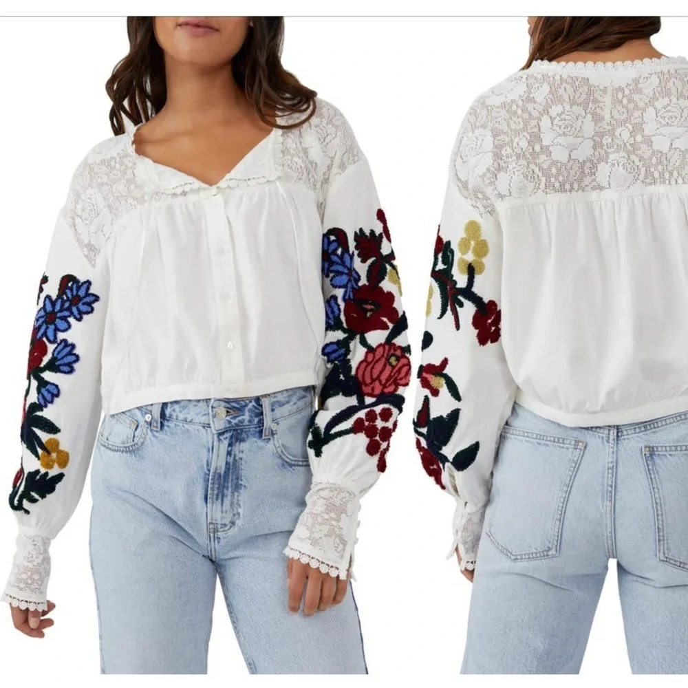 Free People Meadows Embroidered Cotton Long Sleeve Top